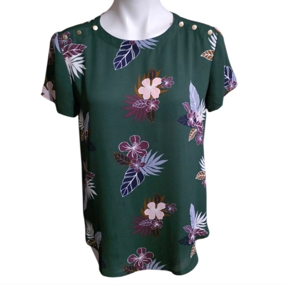 LOFT Floral Green Short Sleeve Blouse Button Shoulder Detail Size Small - Picture 7 of 9
